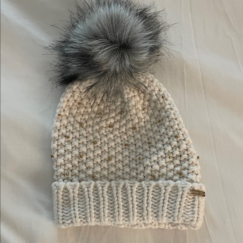 Steve Madden Soft Ivory/Gold Accents Knit Beanie Hat Faux Fur Ball NWT